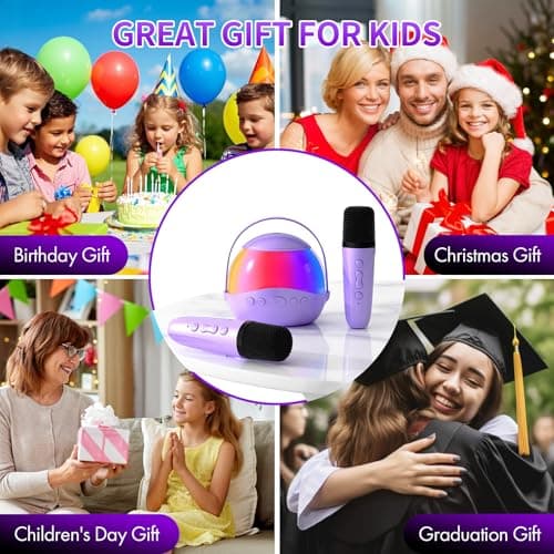 Mini Karaoke Machine Gifts for Kids Adults, Portable Karaoke Speaker with 2 Wireless Microphones, Kids Microphone with Speaker and LED Light, Birthday Gifts for Girls Boys 3-12+ Year Old (Purple) - Thumbnail 3