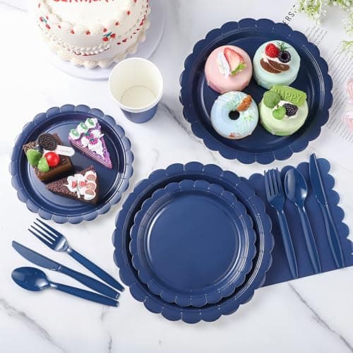 Xiangqu 175 Pcs Navy Blue Plates and Napkins, 25 Guest Navy Blue Party Supplies Inlcudes Scalloped Plates Napkins Cups Plastic Cutlery for Birthday, Wedding, Picnic - Thumbnail 5