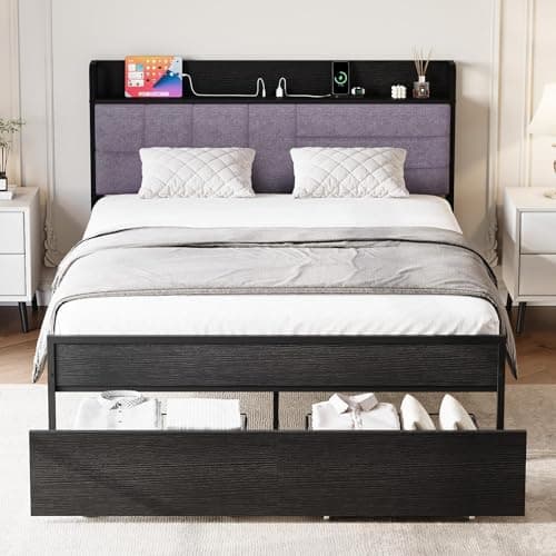 Takywep Full Bed Frame with Shelf Headboard, Heavy Duty Bed Frame with Storage, Bed Frames with 2 Drawers, Black Bedframe with Charging Station, No Box Spring Needed, Full Size - Thumbnail 6