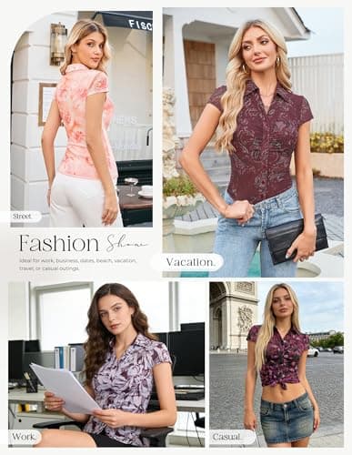 GRACE KARIN Women Mesh Boho Top Dressy Casual Short Sleeve Button Down Collared Shirt 2026 Floral Blouse Rose Red Large - Thumbnail 6