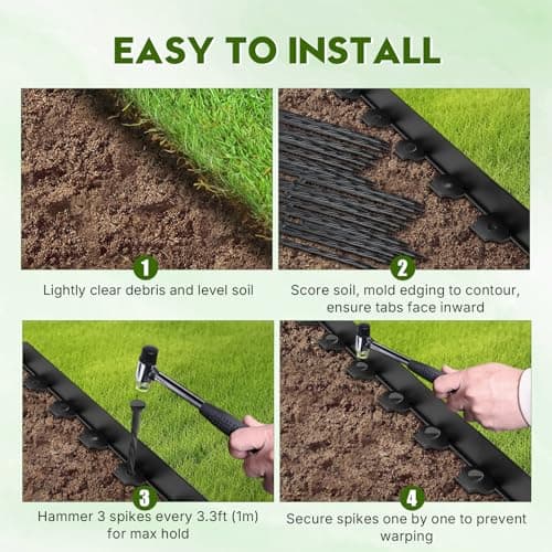 No Dig Landscape Edging 33FT, 4 Inch Plastic Edging for Landscaping with 100 Spikes, for Garden, Lawn, Flower Beds and Yard, Black - Thumbnail 6