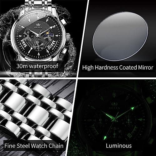 OLEVS Watch Men Black and Silver Watches for Men Luxury Stainless Steel Mens Watches Waterproof Luminous Large Face Classic Chronograph Analog Quartz Mens Wrist Watch Date Dress Reloj para Hombre - Thumbnail 5