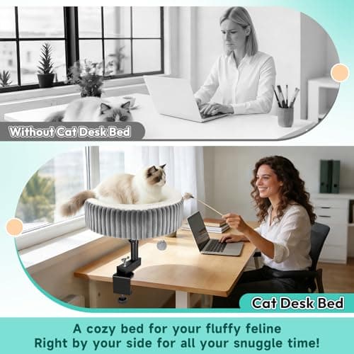 TNELTUEB Cat Desk Bed - 360° Rotating,Clamp On Cat Bed for Desks, Adjustable High Support Up to80 lbs for Office, Game Table, Island Tables, Desktop Attachment Hammock Grey - Thumbnail 2