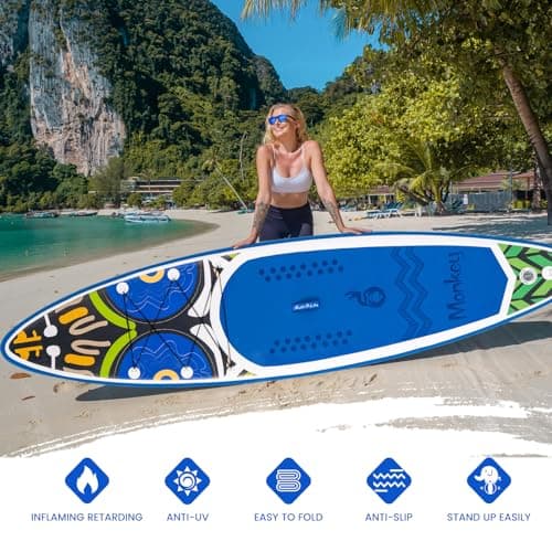 FEATH-R-LITE Inflatable Paddle Board Stand Up Paddleboards for Adults SUP with Premium Accessories Pump, Adjustable Paddle, Leash, Three Fins, Backpack (Blue Monkey) - Thumbnail 4