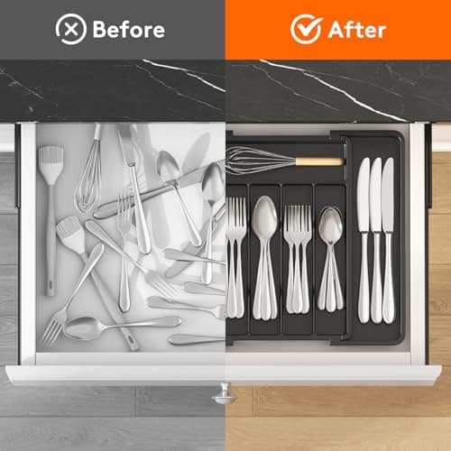 Lifewit Silverware Drawer Organizer, Expandable Utensil Tray for Kitchen, BPA Free Flatware and Cutlery Holder, Adjustable Plastic Storage for Spoons Forks Knives, 8.5-14 x 12", Black - Thumbnail 4