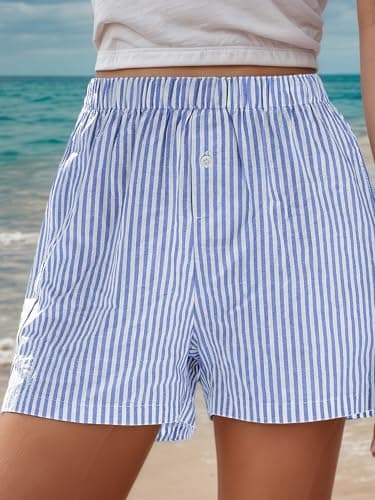 EXLURA Cotton Shorts for Women Summer Casual Lounge Beach Bottoms Pajama Plaid Boxer Shorts - Thumbnail 2