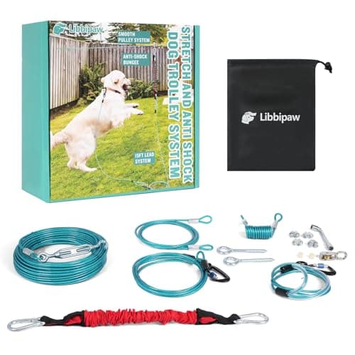 Libbipaw Dog Runner for Yard - 200ft Aerial Dog Run Cable System with Shock Absorbing Bungee Tether, Chew Proof Steel Cable & Tangle Free Pulley for Large Dogs, Backyard Zip Line for Dogs