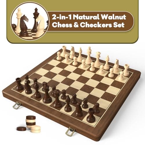 Premium Natural Walnut 15" Magnetic Wooden Folding Chess & Checkers Set- 2 in 1 Board Game with 3" King Staunton Pieces and 2 Extra Queens, Checkers, and Dust-Proof Storage Bag (Red) - Thumbnail 2