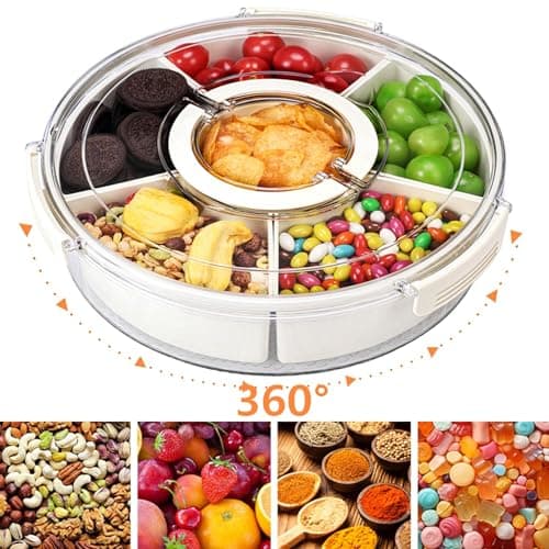 Snackle Box Container Divided Serving Tray with Lid, 6-Compartment Portable Spinning Round Stackable Container, Handle for Organize Veggies, Fruit, Candy, Party Snacks, Nuts, Kitchen Party Essentials - Thumbnail 3