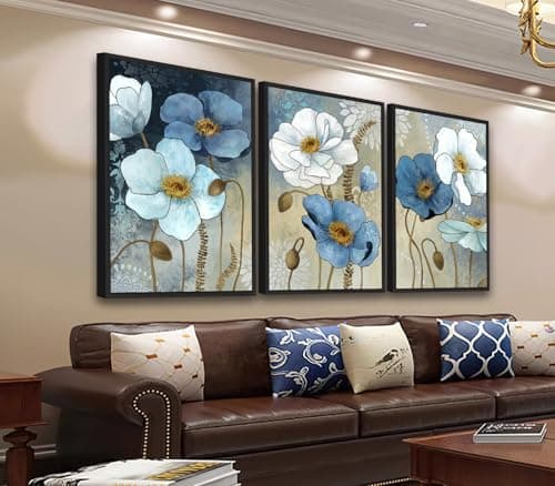 ASDCEUTICALS Large Framed Wall Art - Boho Flowers Wall Decor, Retro Floral Pictures, Blue White Botanical Canvas Prints for Bedroom Living Room Bathroom Kitchen Office Artwork 20" X 28" X 3 Pcs - Image 1