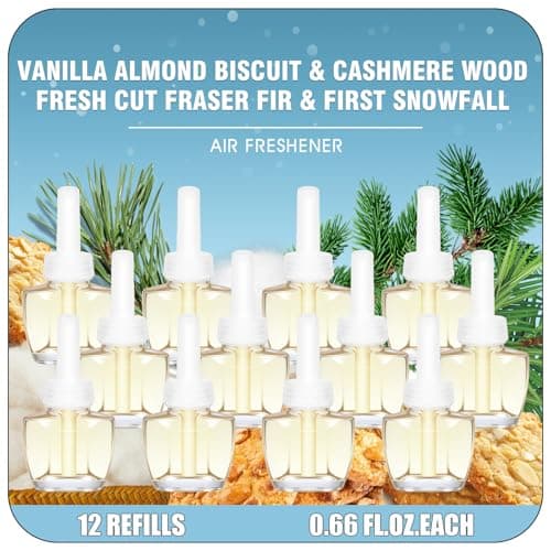 Plug In Air Freshener Refills, 12ct, Vanilla Almond Biscuit, Cashmere Wood, Fresh Cut Fraser Fir & First Snowfall – Wall Plug In Refill for Home –Compatible with Air Wick & Glade, Not for Glade Plus