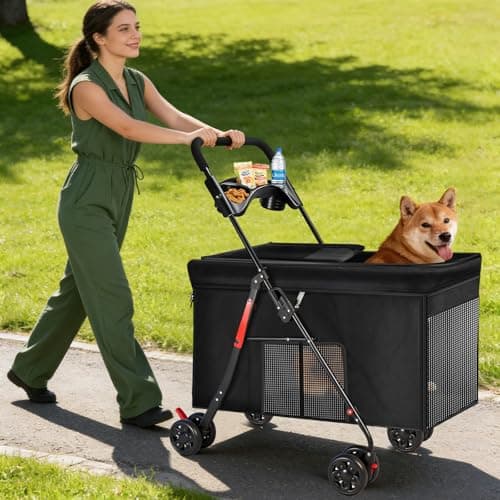 Medium Dog Stroller for Large Dogs, Pet Stroller for Medium Dogs Up to 100lbs, All-Terrain with Handle & Canopy, Storage Organizer, Waterproof Oxford Fiber Black - Image 1