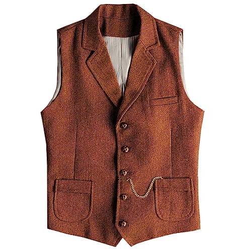 AeoTeokey Men's Tweed Suit Vest Western Herringbone Wool Casual Waistcoat for Groomsman (Orange,X-Large) - Image 1