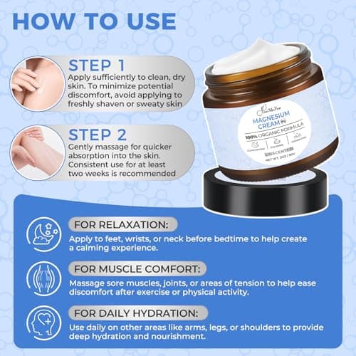 Magnesium Lotion for Sleep, Natural Magnesium Cream for Leg Cramps, Soothing Relief & Muscle Relaxation, Magnesium Butter with Coconut Oil, Shea Butter, Vitamin E, Safe for Kids, Unscented 2 oz - Thumbnail 5
