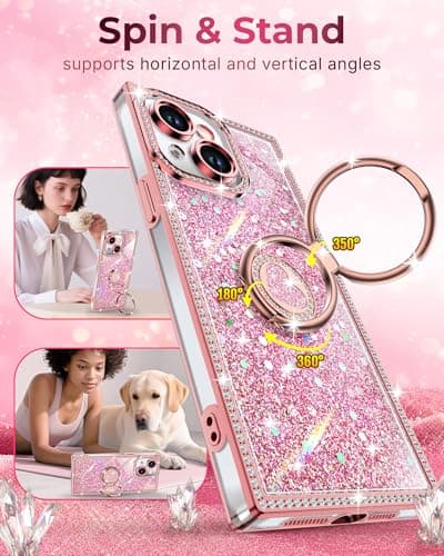 XYZ for iPhone 14 Case, Glitter Bling Phone Cover with 2-Ring Heart Stand & Lanyard, Women Girls Luxury Rhinestone Shockproof Protective Case for iPhone 14, Pink - Thumbnail 3