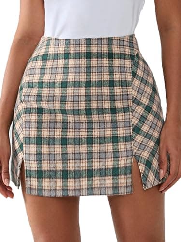 EXLURA Women's Fashion Faux Wool Mini Skirt High Waisted Y2K Trendy Side Slit Tweed Plaid Skirts 2025 Fall Winter Outfits Green - Image 1