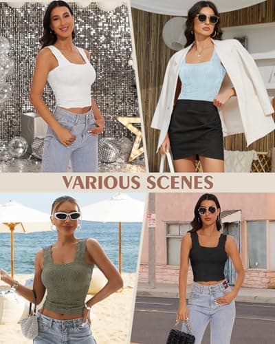 Women's Square Neck Wide Strap Crop Tank Tops Slim Fit Sleeveless Going Out Top Flower Lettuce Trim Cami Tops - Thumbnail 5