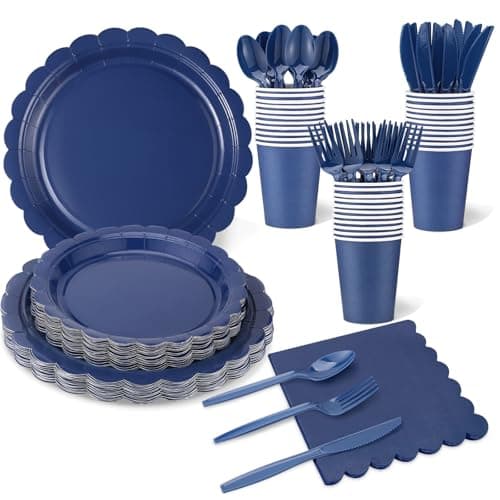 Xiangqu 175 Pcs Navy Blue Plates and Napkins, 25 Guest Navy Blue Party Supplies Inlcudes Scalloped Plates Napkins Cups Plastic Cutlery for Birthday, Wedding, Picnic - Image 1