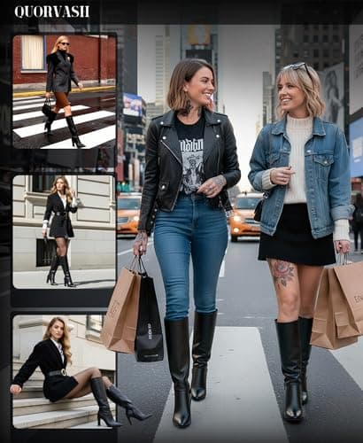 Quorvash Knee High Boots for Women - Long Elastic Faux Leather Tall Boots for Women Mid Block Heel Pointed Toe with Side Zipper Fall Winter Black Size 8.5 - Thumbnail 2