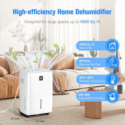 DEVERSE Max 80 Pints Energy Star Dehumidifier for Home/Bedroom/Basement, 5000 Sq.Ft Coverage, with Drain Hose, Smart Humidity Control & Large Tank - Thumbnail 2