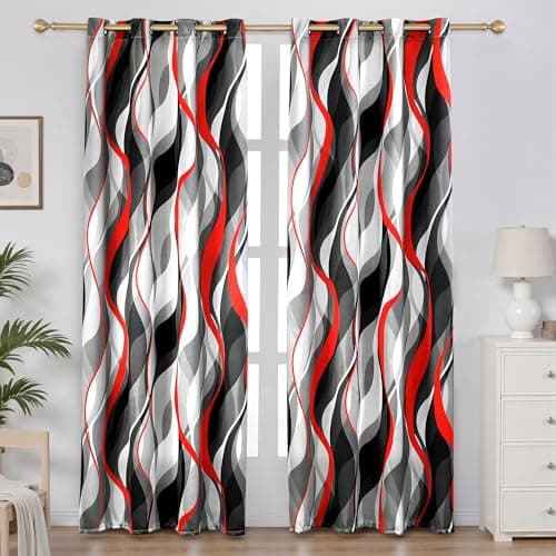 weesire Red and Grey Curtains Modern Striped Decorative 50% Light Blocking Darkening Grommet Red Curtain for Living Room Villa, Bedroom Gray and Red 2 Panels Set, 52x96 Inches - Image 1