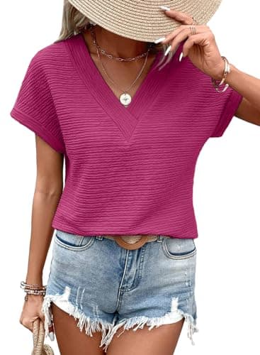 EVALESS Women's Cap Short Sleeve T Shirts 2025 Fashion Dressy Casual Spring Summer V Neck Loose Fit Textured Tops Plain Basic Tee Blouses Clothes,Rose Red Large - Image 1