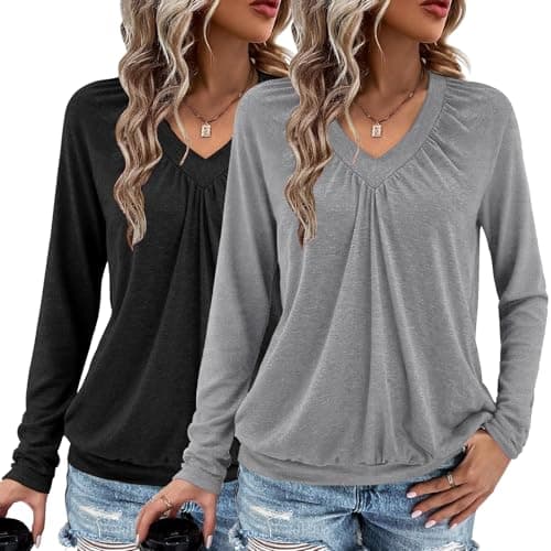 AIZHINENG 2 Pack Women Tops Long Sleeve Shirts V Neck Loose Fit Soft Casual Solid Color T-Shirts Fall Clothing - Image 1