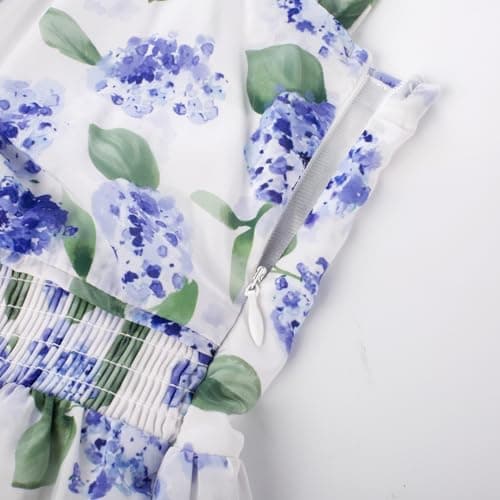 GRACE KARIN Summer Floral Dress for Women 2026,Off the Shoulder Smocked Bridesmaid Dresses,Formal Baby Shower Maxi Dresses White Blue Hydrangea XL - Thumbnail 4