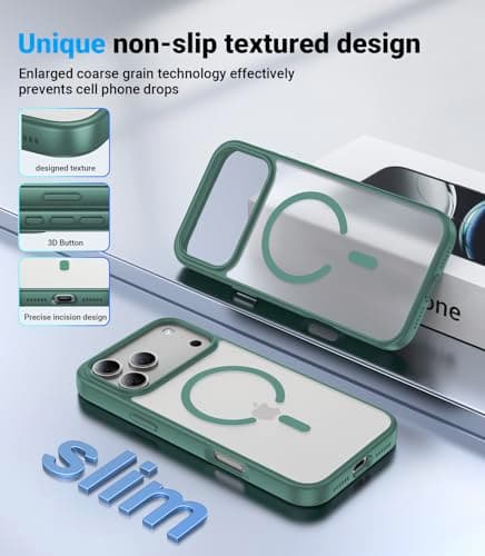 Shiiuou Magnetic for iPhone 17 Pro Case, [Anti-Slip] [Military-Grade Drop Protection] [Camera Protection] Skin-Friendly Slim Matte Shockproof Protective for iPhone 17 Pro Phone Case, Midnight Green - Thumbnail 5