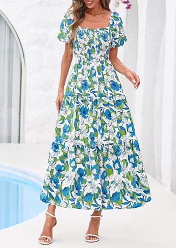 PRETTYGARDEN Womens Summer Puff Short Sleeve Maxi Dress Square Neck Smocked Tiered Ruffle A Line Long Flowy Beach Dresses (Floral Blue Green,Large) - Thumbnail 2