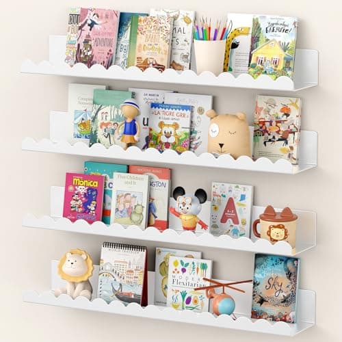 Gattlukd Floating Shelves for Wall, 23 Inch Metal Nursery Book Shelves 4 Pack, Wall Mounted Book Shelf for Kids Room, Bedroom, Bathroom, Playroom Decor （White） - Image 1