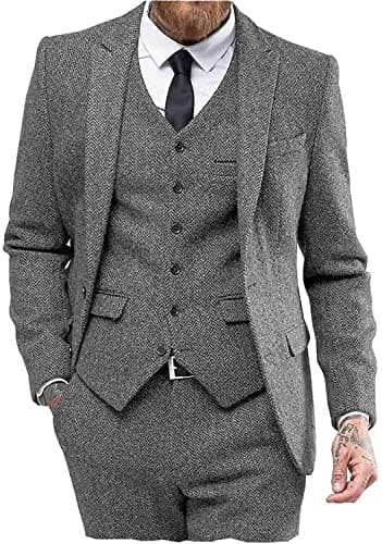 Mens Tweed Herringbone Wedding Suit Prom Tuxedos 3 Piece Peak Lapel Dress(Grey,3XL) - Image 1