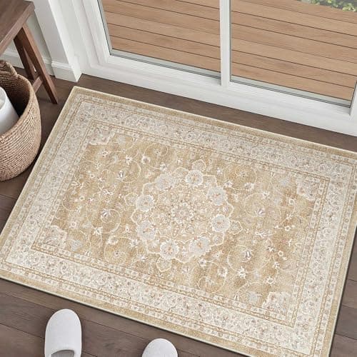 HUGEAR Entryway Machine Washable Area Rugs 2x3 Vintage Beige Brown Small Neutral Style Non Slip Stain Resistant Low Pile Throw Carpet for Hallway Kitchen Retro Aesthetic Modern Decor - Image 1
