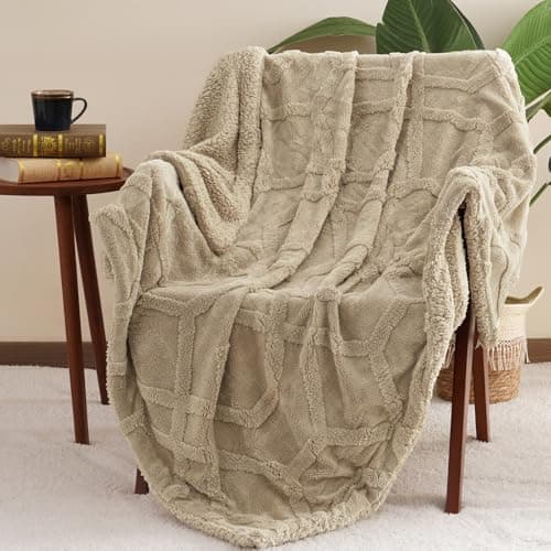 PHF Fluffy Sherpa Throw Blanket for Winter, Warm and Cozy, 510GSM 3D Tufted Shaggy Fleece Blanket for Couch, Khaki, 50"x60" - Thumbnail 6