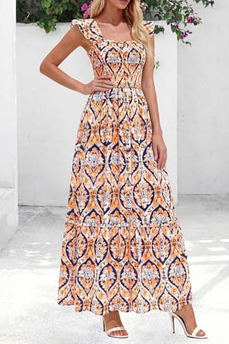 dowerme Womens Summer Maxi Dresses 2026 Casual Ruffle Sleeve Button Smocked Floral Slit Boho Dress Spring Beach Sundress(Blue Geometry,Medium) - Thumbnail 4