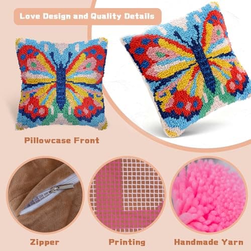 Miaceito Pre-Printed Butterfly Latch Hook Kit for Adults Beginners, DIY Latch Hook Pillow kit Includes Wooden Hook to Make 17x17 Inch Home furnishings Sofa Decoration Handmade Gift - Thumbnail 4