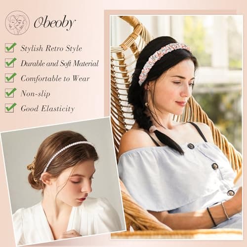 obeoby 8 Pack Pink Trendy Headbands for Girls Valentines Day Outfit, Headbands for Women Non Slip Floral Pearl Hairband Gifts for Teen Girls - Thumbnail 3