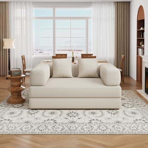 BSHOMGI 4 in 1 Futon Sofa Bed Queen Size - Foldable Convertible Sleeper Sofa Couch, Removable Washable Corduroy Cover, Space Saving Floor for Living Room (Beige, 53.15" Double Sofa) - Image 1