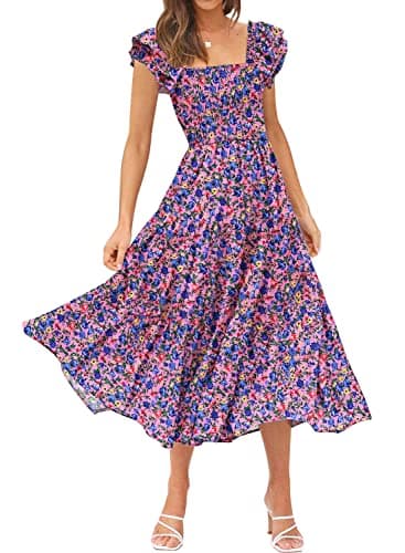 DOROSE Women's Casual Summer Dresses Boho Floral Midi Square Neck Ruffle Sleeve A Line Long Dress Purple M - Image 1