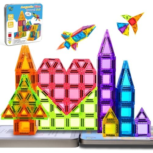 Enjoyjoy Mini Magnetic Tiles - 50PCS Travel Magnetic Tiles Set with Metal Case Portable On-The-Go Magnet Tiles for Kids Magnet Building Blocks Ages 3+ Boys and Girls Christmas Birthday Gift - Image 1