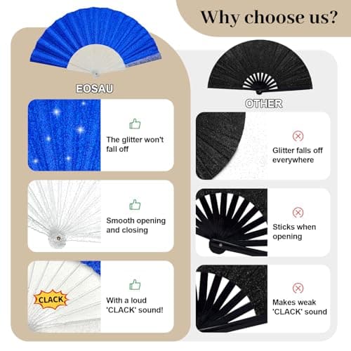 EOSAU Glitter Folding Hand Fans for Women Foldable Handheld Clack Fans for line Dancing, Wedding, Church, Festival, EDM, Party, Club, Rave Accessories (9" Blue 02) - Thumbnail 6