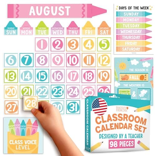Classroom Calendar Set Bulletin Board Decor – School Calendar for Classroom Elementary, Crayon Bulletin Board Decorations, Kindergarten & Preschool Calendar Bulletin Board Set for Classroom Decor
