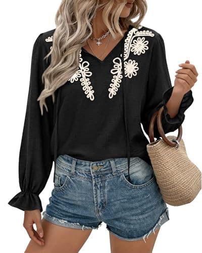 BTFBM Womens Tops Dressy Casual Fall 2025 Boho V Neck Ruffle Long Sleeve Shirts Floral Embroidered Work Business Blouses(Black, Medium) - Image 1