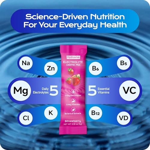 Hydravive Hydration Electrolyte Powder 18 Packs – Sugar Free Liquid Daily IV Drink Mix | 1,000mg Total of 5 Electrolytes, 5 Vitamins | Ashwagandha, L-Theanine | Non-GMO (Berry) (18, Strawberry) - Thumbnail 3