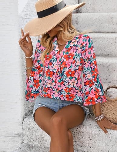 LOOKBOHO Tops for Women 3/4 Sleeve Casual Dressy Floral Boho Blouses Bell Sleeve Button V-Neck Business Shirts Pink M - Thumbnail 2