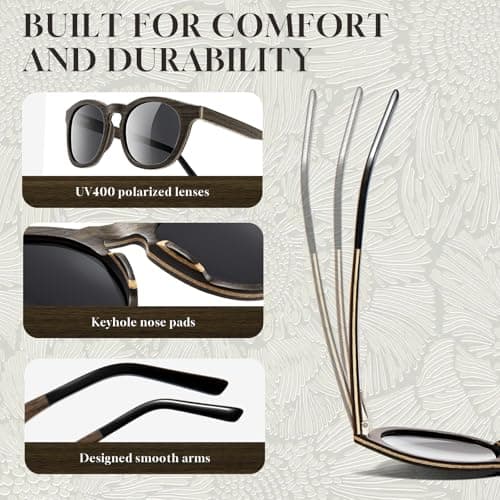 SUNGAIT Walnut Wood Sunglasses with Vegan Leather Case Thoughtful Gifts for Men Women Black Polarized Lens UV400 Protection (Walnut Maple Frame/Black Lens) - Thumbnail 4