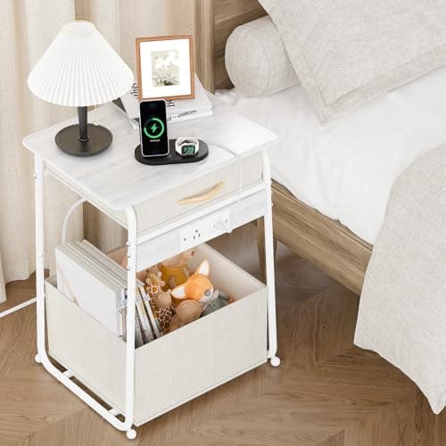 Olldide 3-Tier Bedside Table with Charging Station, Modern Nightstand with USB Port & Power Outlet, Square Side Table with Fabric Basket for Bedroom, Living Room (White) - Image 1