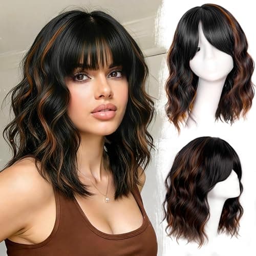 Beautier Black Mixed Brown Wig with Bangs Short Wavy Bob Wigs for Women Synthetic Shoulder Length Hair Natural Looking Curly Wig Heat Resistant Hair Replacement Bob Wigs (14 Inch) - Image 1