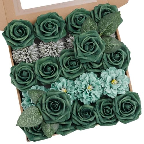 BSMYBO Green Flower Artificial Roses Faux Flowers with Stems Mix Fake Roses Dahlia Chrysanthemum Ball for Wedding Bridal Bouquets, Table Centerpieces, Baby Shower, Party, Home Decorations - Image 1