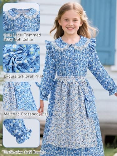 EARJIA Girls Floral Prairie Pioneer Dress Victorian Colonial Costume for Kids Blue Fancy Outfit for World Book Day Carnival - Thumbnail 3